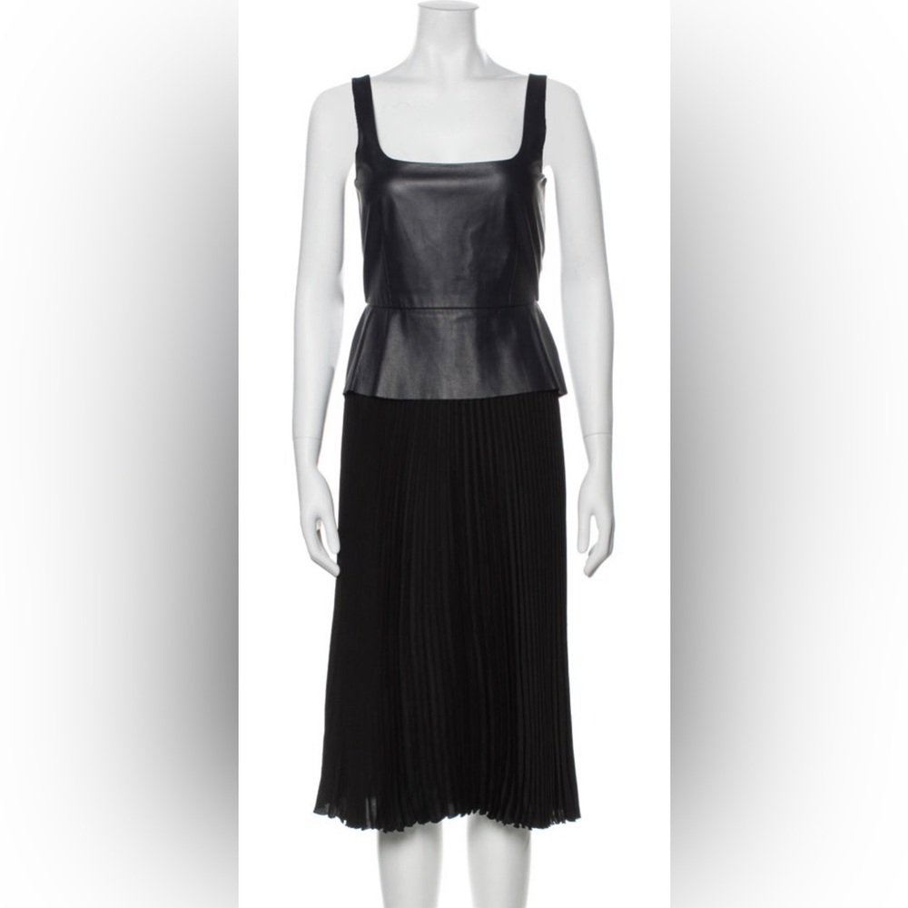 Sportmax Black Leather Peplum Top with Black Pleated Midi Skirt
